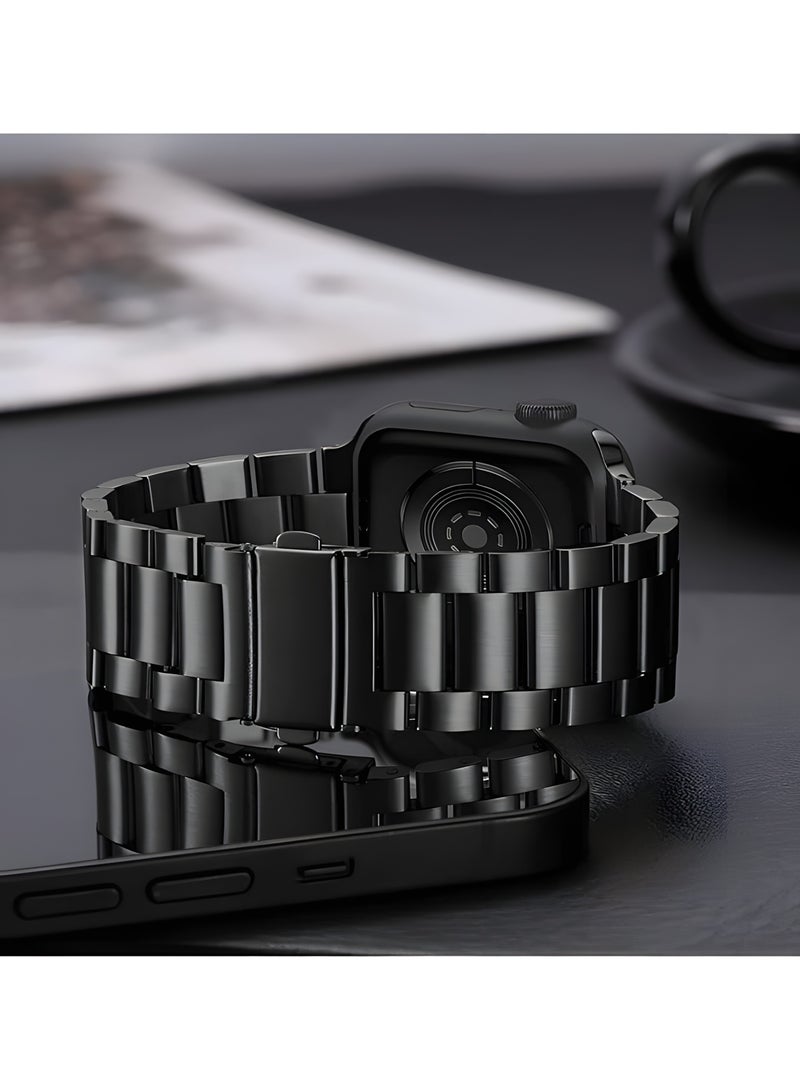 سوار ستانلس ستيل فاخر للساعات الذكية مقاس 42–49 مم مع قفل فراشة مزدوج بزر أمان – تصميم أنيق وثبات قوي سوار بديل من فولاذ مقاوم للصدأ لساعات آبل ووتش مقاس 38 و40 و41 و42 و44 و45 و46 و49 ملم سيريز 10 و9 و8 و7 و6 و5 و4 و3 و2 و1 وSE وSE 2 الترا 2 والترا - أسود - Image 2